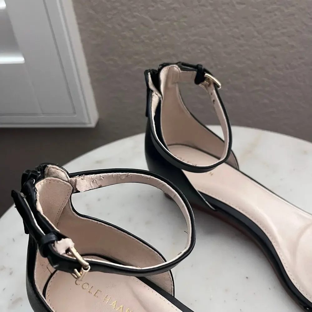 Cole Hahn Black Leather Wedge Heel Sandal Crisscross Straps Low Heel Wood 8.5